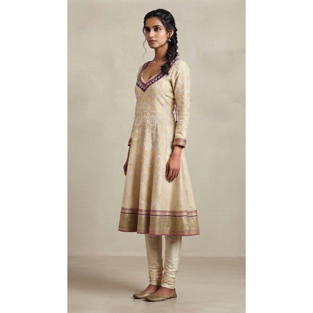 Gold Brocade Anarkali Kurta Dress Pink Purple Embellished Pom Pom Tassel Indian